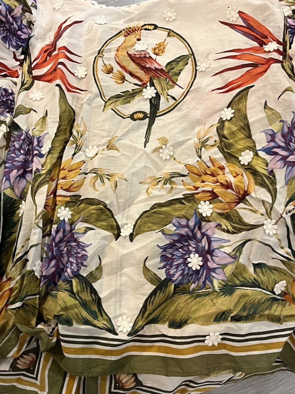 NWT FARM Rio Sand Tropical Scarf Blouse M Tropical Bird Print